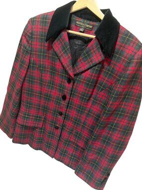 Kasper & Company Vintage 90s Red Tartan Plaid Blazer With Black Velvet Collar &
